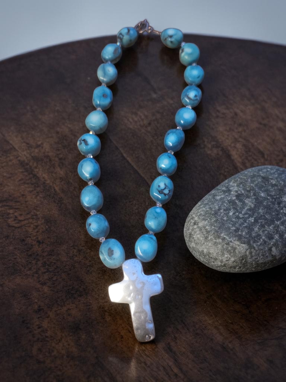 Blue Turquoise Stone Bead Necklace Hammered Cross - Picture 3 of 5